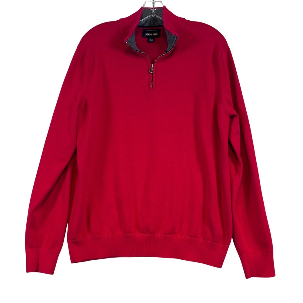 Lands' End Mens Red 100% Supima Cotton Quarter Zip Sweater Mock Neck Large 42-44